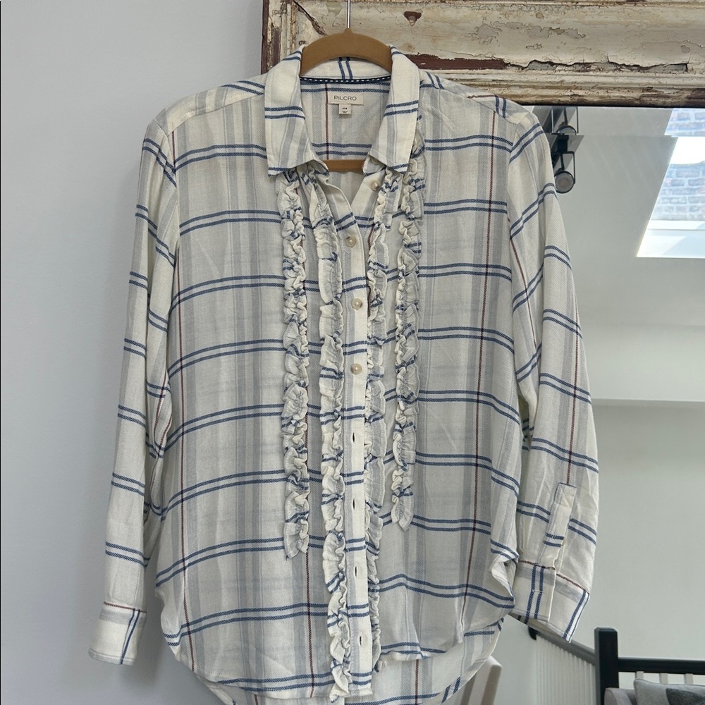 Anthropologie Pilcro and Blue Plaid Ruffle Shirt